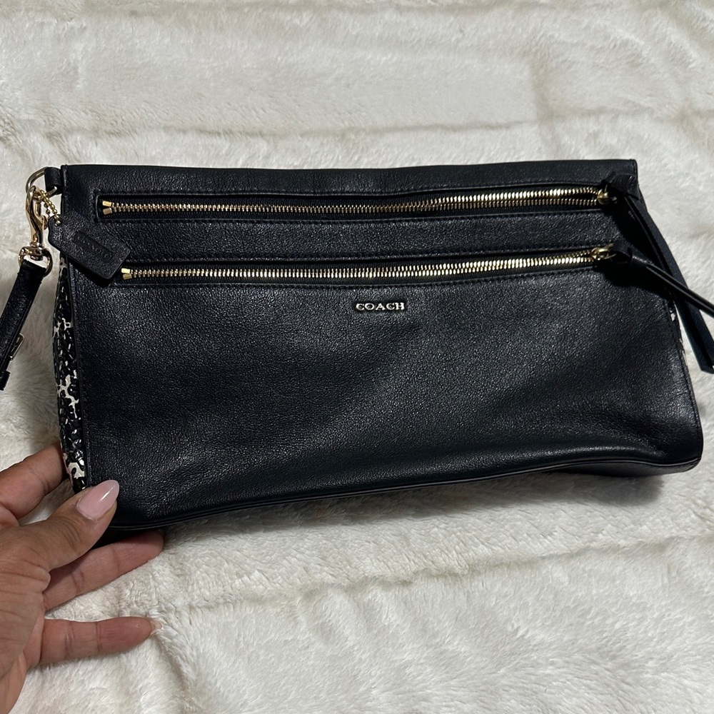 Coach Black Leather Wristlet with Gold Accents